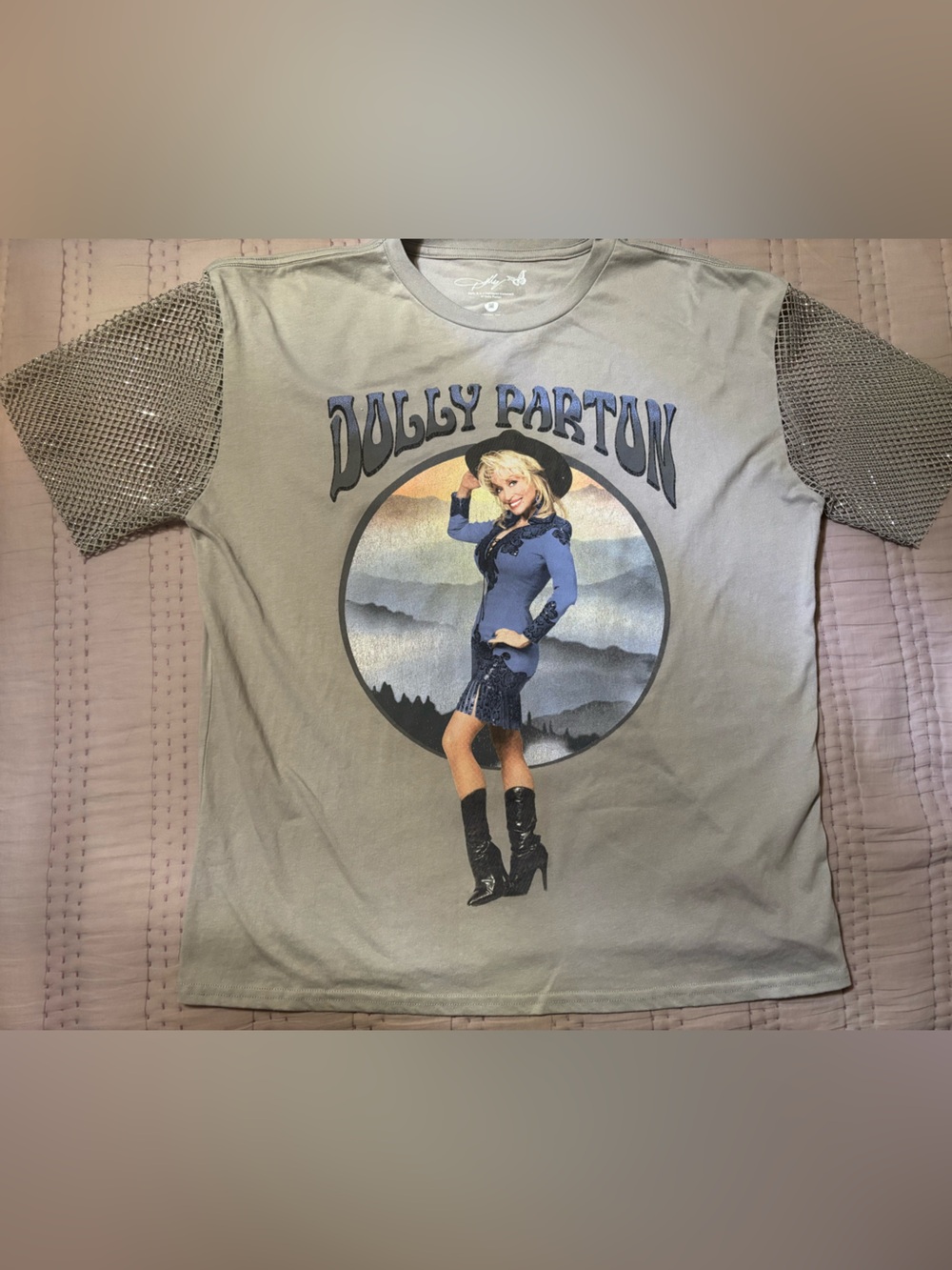 Dolly Parton Band T-Shirt with Rhinestone Mesh Sleeves